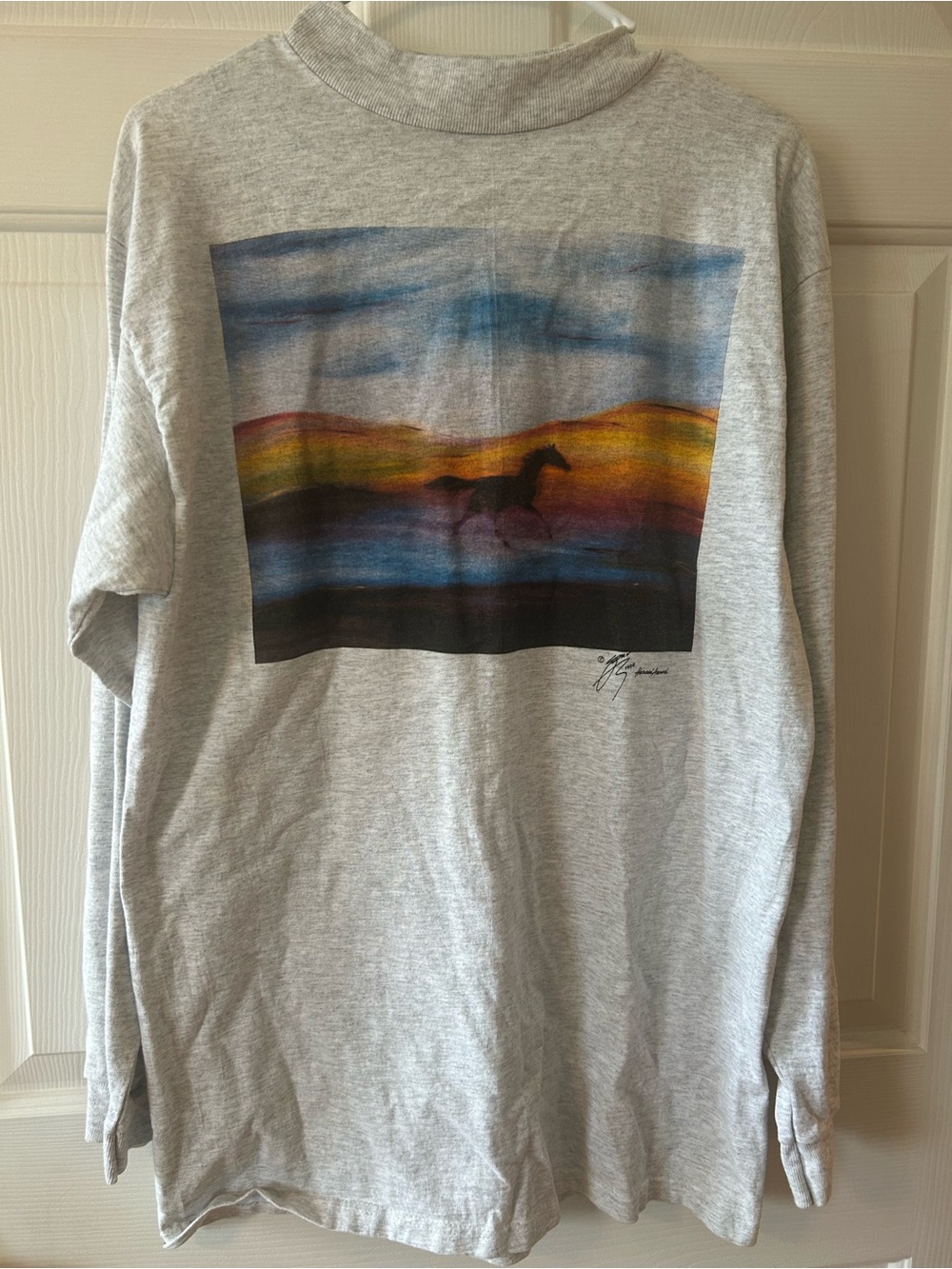 Women’s Gray Long-Sleeve Graphic Tee with Sunset Horse Print